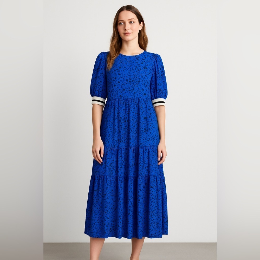 Crosby by Mollie Burch Blue Black Splatter Print Tiered Midi Dress Size Large